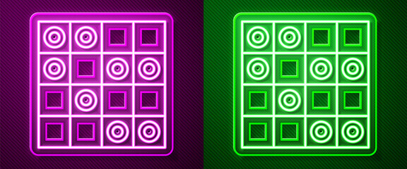 Glowing neon line Board game of checkers icon isolated on purple and green background. Ancient Intellectual board game. Chess board. White and black chips.  Vector.