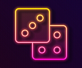 Glowing neon line Game dice icon isolated on black background. Casino gambling.  Vector.