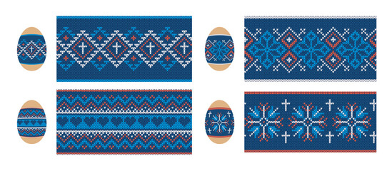 Easter egg with knit print. Seamless knitted pattern. Vector. Set blue sweater textures. Holiday fair isle traditional ornament. Geometric background. Wool illustration.