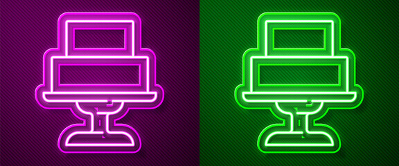 Glowing neon line Wedding cake icon isolated on purple and green background.  Vector.