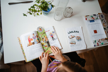 High angle of girl reading book
