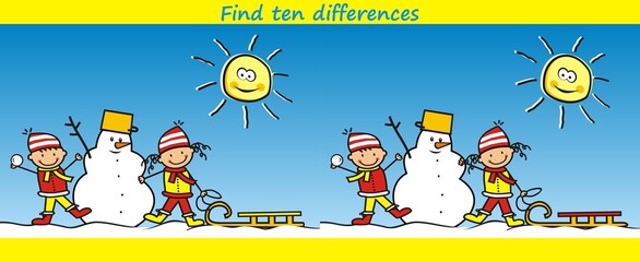 Fototapeta premium Find ten differences, little kids with sledge and snowman, vector illustration