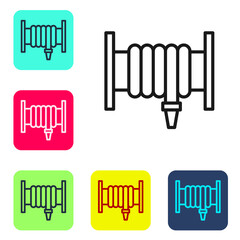 Black line Fire hose reel icon isolated on white background. Set icons in color square buttons. Vector.