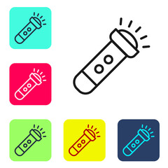 Black line Flashlight icon isolated on white background. Set icons in color square buttons. Vector.