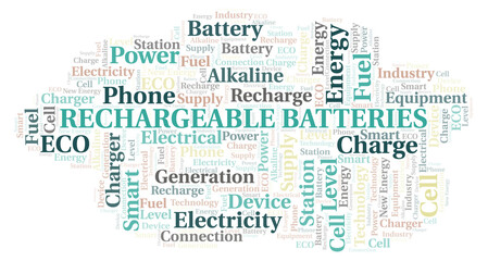 Rechargeable Batteries typography word cloud create with the text only.