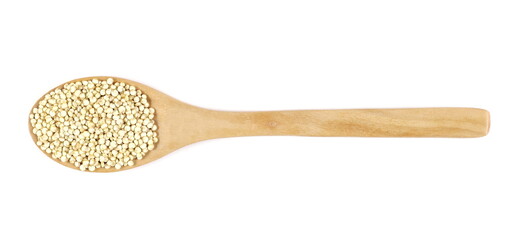 Organic quinoa seeds in wooden spoon isolated on white background, top view