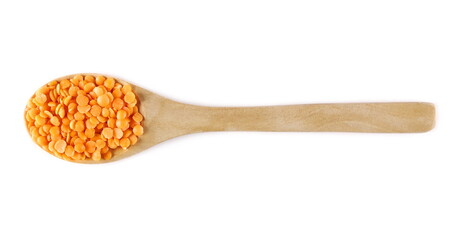 Red lentils with wooden spoon isolated on white background, top view