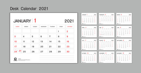 Set Desk Calendar 2021 template Vector, Week Start On Sunday, Planner, Stationery, Printing, advertisement