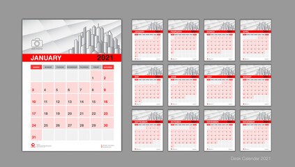 Desk calendar 2021 template set, Week Start On Sunday, Planner, Stationery, Printing, vertical artwork, red background