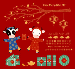 2021 Vietnamese New Year Tet clipart elements set, cute buffalo, rice cakes, watermelon, gold, flowers, fireworks, lanterns, Vietnamese text Happy New Year. Hand drawn vector illustration. Flat design