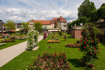 Obraz premium Kurpark und Rosengarten im Staatsbad Bad Kissingen, Unterfranken, Franken, Bayern, Deutschland