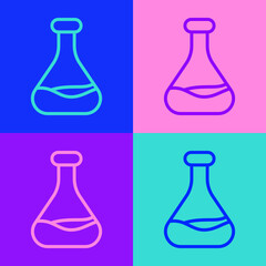 Pop art line Test tube and flask icon isolated on color background. Chemical laboratory test. Laboratory glassware.  Vector.