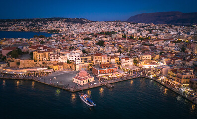 Old Center of Chania Cityscape with Ancient Venetian Port At Blue Hour in Crete, Greece