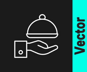 White line Covered with a tray of food icon isolated on black background. Tray and lid sign. Restaurant cloche with lid.  Vector.