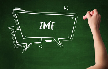 Hand drawing IMF abbreviation with white chalk on blackboard