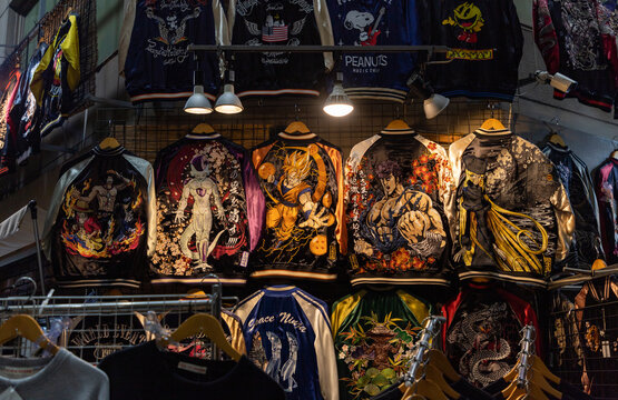 Kyoto, Japan - January 22, 2020: A picture showing decorated jackets being sold in a Kyoto shop.