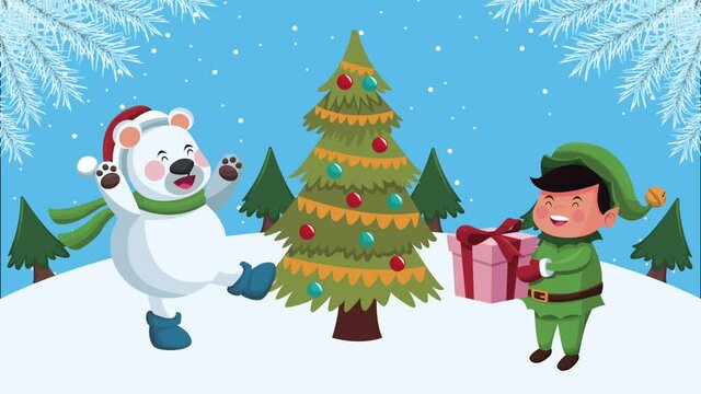 happy merry christmas animation with elf and polar bear in pine tree