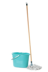 Mop and plastic bucket on white background. Cleaning supplies © New Africa