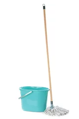 Fotobehang Mop and plastic bucket on white background. Cleaning supplies © New Africa