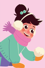 smiling little girl with winter earmuffs and snowball