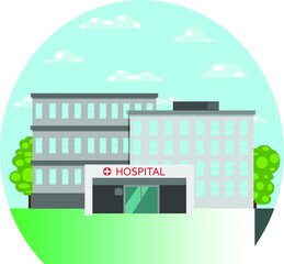 Hospital outside. Vector illstration.
There are two buildings and the front part of the hospital. Behind the buildings are trees, sky and clouds 