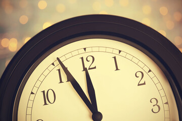 Fototapeta na wymiar Clock on color background with blurred lights, closeup. New Year countdown
