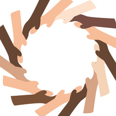 Vector illustration with people's hands described united community all over the world. Hand in hand different nationality.Circle made of hands