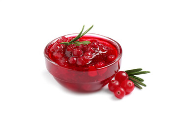 Cranberry sauce with rosemary and fresh berries on white background