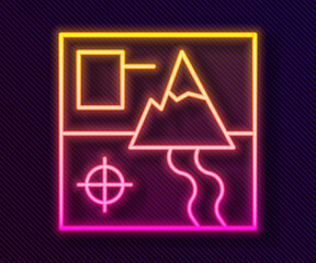 Glowing neon line Folded map icon isolated on black background.  Vector.