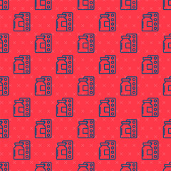 Blue line Pills in blister pack icon isolated seamless pattern on red background. Medical drug package for tablet, vitamin, antibiotic, aspirin.  Vector.