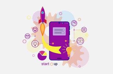 Launch new startup project from smartphone vector illustration. Business success solution flat design technology.