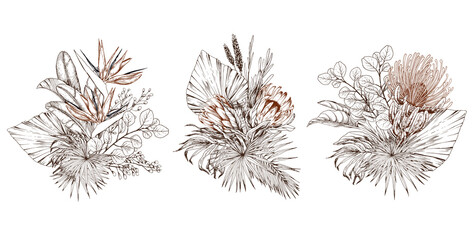 Tropical bouquets with palm leaves, exotic protea and strelitzia flowers.
