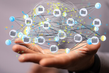 Data cloud storage network from lines, triangles and particle style design.
