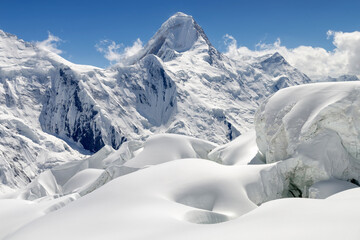 High mountain landscape. Khan Tengri peak (7010 m), Central Tian Shan, China - Kyrgyzstan -...