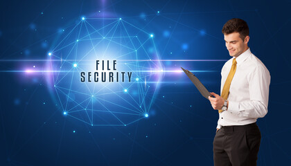 Businessman thinking about security solutions with FILE SECURITY inscription