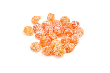 Dried fruits, heap of candied kumquats isolated on white background