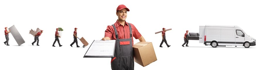Delivery worker holding a clipboard with a document and movers loading a van
