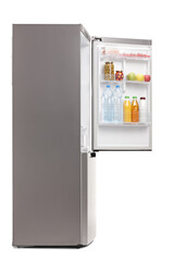 Side shot of a fridge with an open door with food and drinks