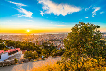 Beautiful top sunrise panorama of Barcelona. Spain