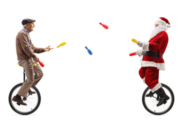 Elderly man and Santa claus on unicycles juggling © Ljupco Smokovski