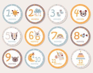 Monthly baby stickers with cute animals.
