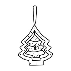 Black outline hand drawing vector illustration of a carved Christmas fir trees isolated on a white background