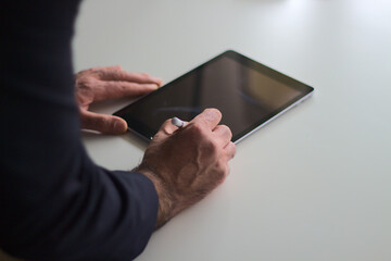 Making online deal theme. Business man sign electronic document.Using Stylus Pen