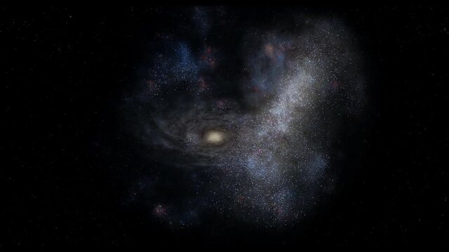 Exploration of galaxies through outer space towards a bright milky-way galaxy. 4K looping animation of flying through bright nebulae, clouds, and star fields. 