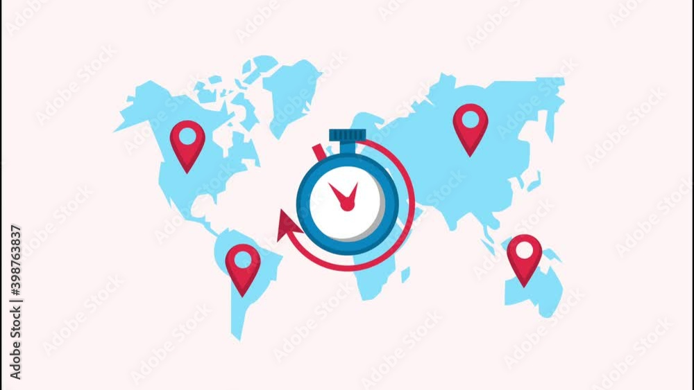 Poster delivery logistic service with chronometer and pins location in earth maps