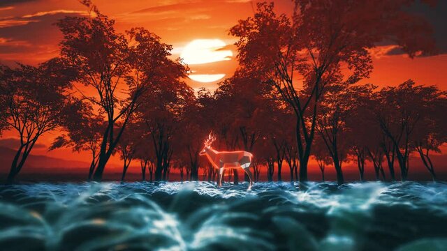 Low poly glass deer in surreal forest, cgi animation