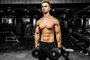 Fototapeta na wymiar Muscular man exercising in the gym doing triceps exercises, strong man torso abs