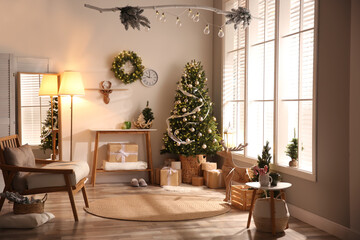 Beautiful living room interior decorated for Christmas