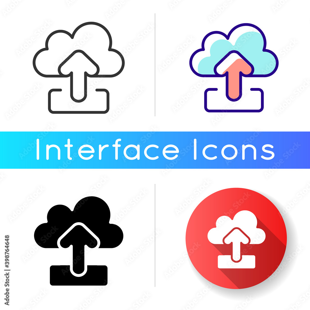 Poster Upload icon. Sending your personal information to remote cloud server with help of http requests. Mobile interface items. Linear black and RGB color styles. Isolated vector illustrations