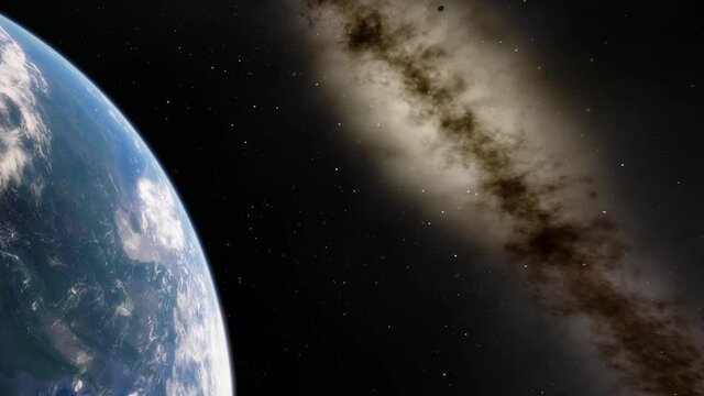 Beautiful sunrise over Earth. View from the space satellite. Cities at night. Change from Night to Day 3d Animation Rising Bright Sun. Modern business and technology concept. 4K Ultra HD.